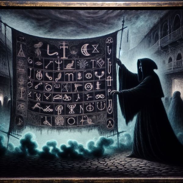 Mysterieuze aanbieding in een dimmige marktplaats Een mysterieuze figuur hangt een versierd aanbod in een schemerige marktplaats.