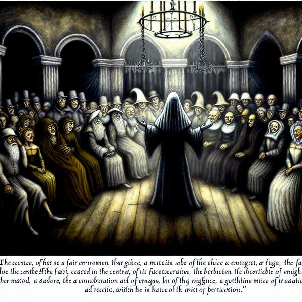 Mysterieuze bemiddelaar in een donkere setting voor sociale interactie Een mysterieuze figuur in een donker, gothic decor die toezicht houdt op een groep mensen in animatie gesprekken.