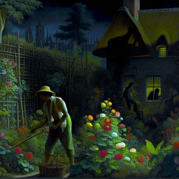Mysterieuze Buurman in de Tuin Een mysterieuze buurman observeert een man in zijn tuin vol bloemen, met een donker sfeertje.