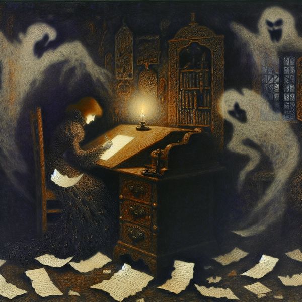 Mysterieuze dichteres in een poëziewedstrijd Een mysterieuze dichteres schrijf in een verduisterde kamer omringd door schaduw.