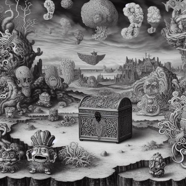 Surrealistische afbeelding van een mysterieuze, versierde doos omringd door bizarre, leuke wezens die proberen te raden wat erin zit.