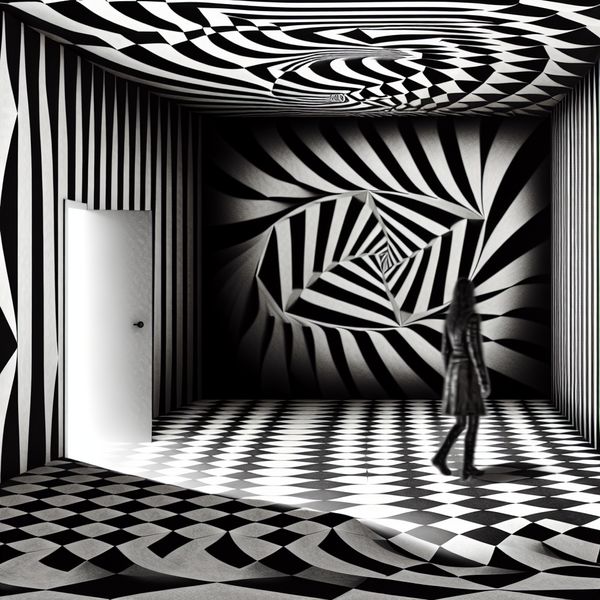 Mysterieuze figuur verlaat lege kamer met geometrische patronen Een mysterieuze figuur verlaat een lege kamer vol geometrische patronen en optische illusies.