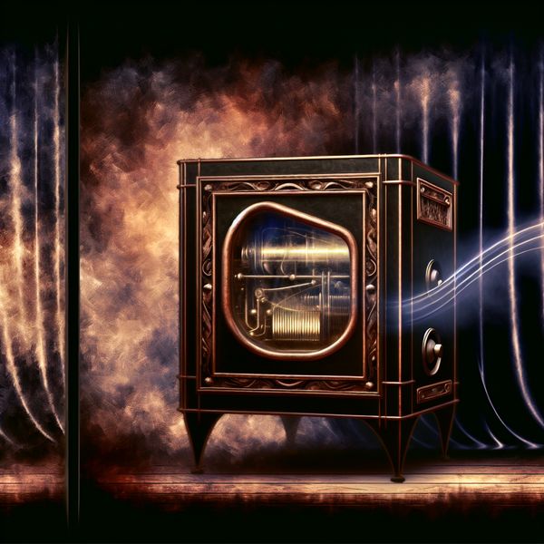 Mysterieuze Kamer met Vintage Kastje voor Digitale TV Een mysterieuze, sfeervolle kamer met een vintage kastje voor digitale TV dat open staat en complexe bedrading en gloeiende schermen onthult.