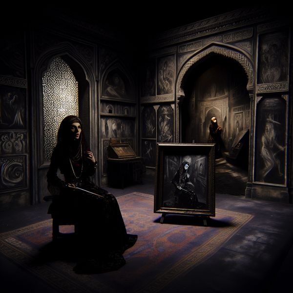 Intrigerende kunstscène met model in gotische studio Mysterieuze artificiële studio met een elegante vrouw in een dramatische pose, omringd door gotische architectuur.