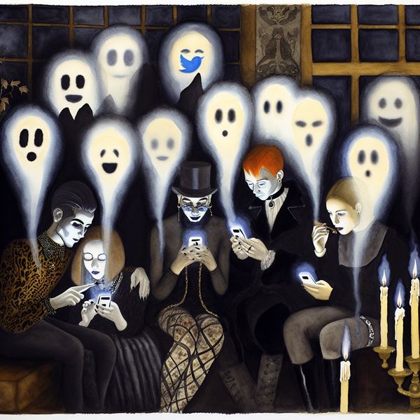 Een mysterieuze feestsfeer met jongvolwassenen die rondom een telefoon staan, terwijl ghost-achtige figuren hun online aanwezigheid bevestigen.