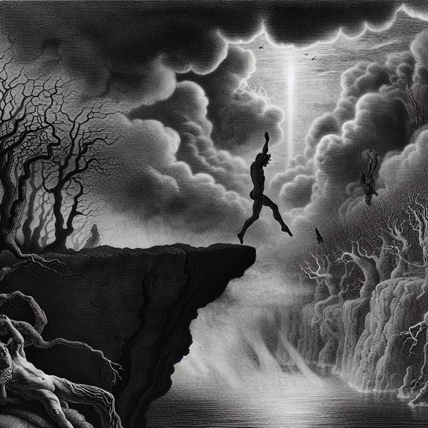 Mysterieuze sprong in de duisternis - risico en avontuur Een figuur die van een klif springt in mistige wateren, omringd door kronkelige bomen en dreigende wolken, een symbool van risico en avontuur.