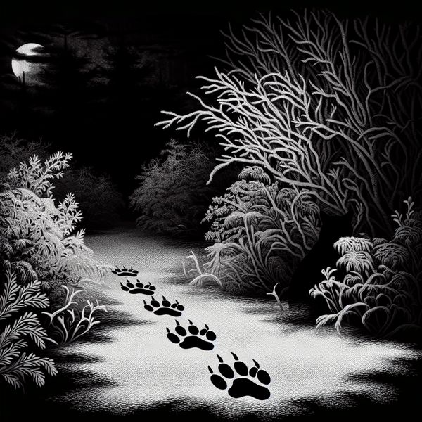 Een mysterieuze tuin bij nacht met een helder spoor van vossporen in de sneeuw.