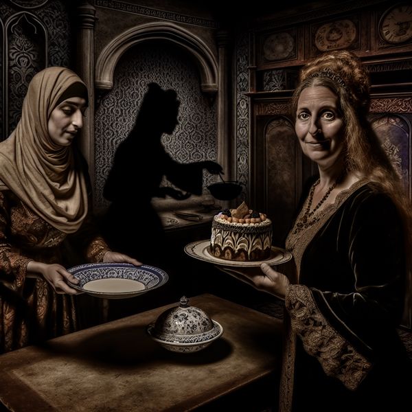 Mystieke aanbieding van een decoratieve cake in een antieke keuken Een mysterieuze vrouw biedt een stukje van een versierd koekje aan een nieuwsgierige gast in een antieke keuken.