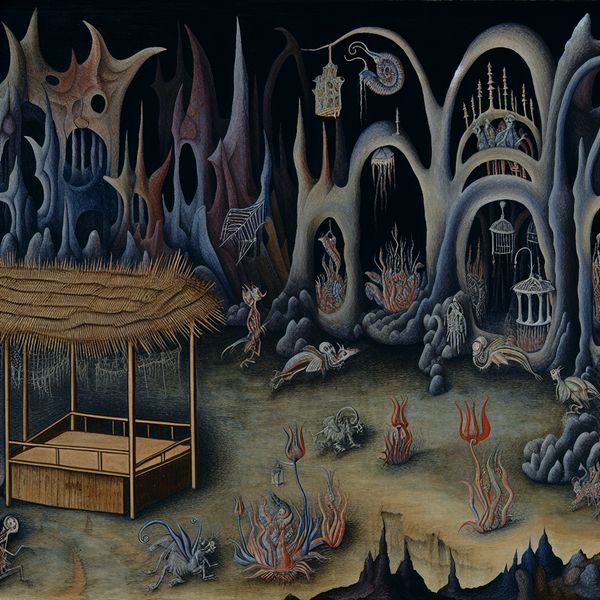 Surrealistisch beeld van een mystieke markt met bizarre wezens en een leeg kraam met verwelkte planten, weergegeven in een duistere sfeer.