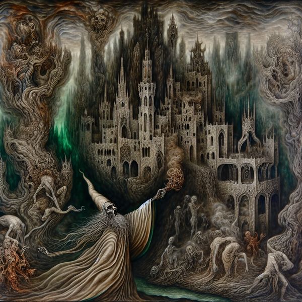 Mythische vloek in een surrealistisch kasteel Een duistere, surrealistische afbeelding van een oud kasteel in mist, met een tovenaar die een vloek uitspreekt.