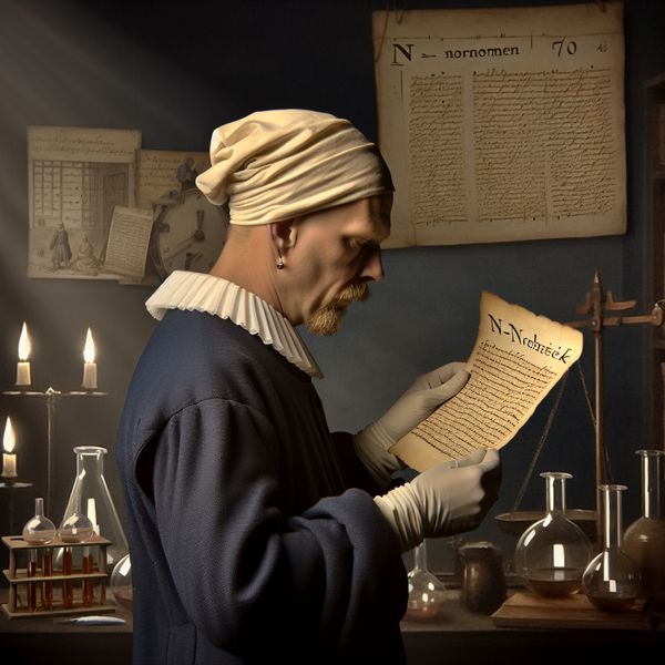 N-bereik en normaalwaarden in historische laboratoriumuitslagen - Vermeer stijl 17e-eeuwse wetenschapper bestudeert laboratoriumuitslag met N-bereik of normaalwaarden op perkament in Vermeer-stijl schilderij