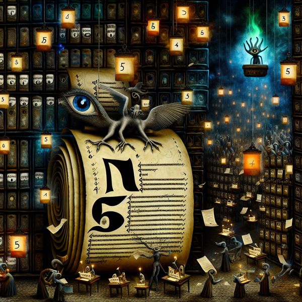 Surrealistische nummering in middeleeuwse administratie - afkorting N voor nummer Surrealistisch kantoor van Hieronymus Bosch met demonische klerken en een groot boek waarin 'N 5' als afkorting voor nummer oplicht tussen middeleeuwse administratie