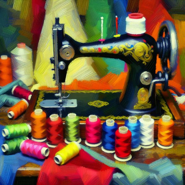 Naaimachine Stillife met Kleurige Garen en Lege Spoel Een kleurenrijk stillife van een naaimachine met een lege spoel en kleurrijke garenklossen eromheen.
