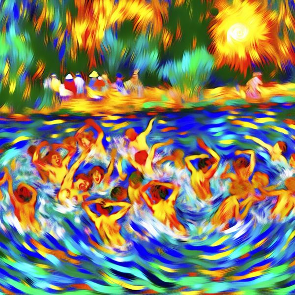 Abstract expressionistisch schilderij van naakte kinderen die vrolijk zwemmen in een helder meer, met dynamische penseelstreken en levendige kleuren