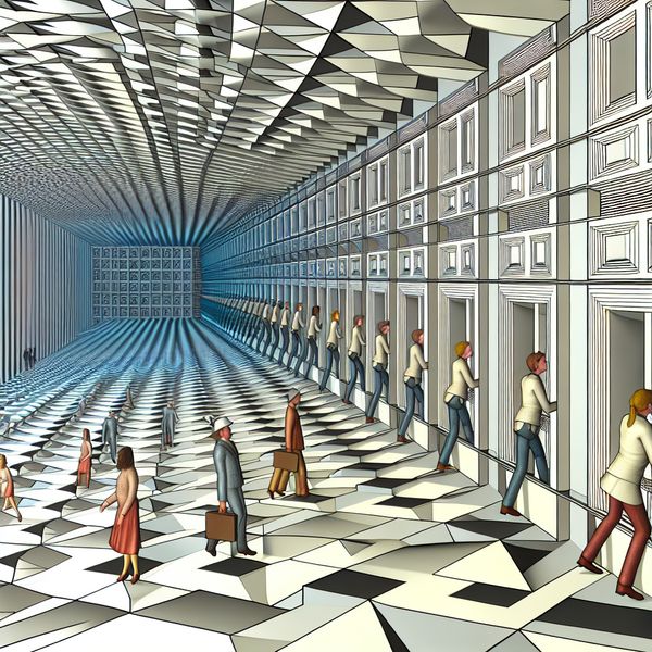 Surrealistische Escher-achtige illustratie van mensen die soepel naar achteren bewegen in een ruimte met onmogelijke perspectieven, richting de achterkant