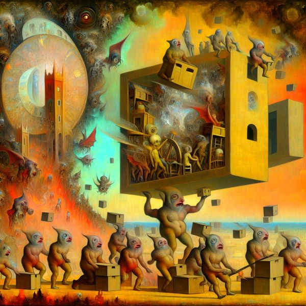 Surrealistisch tafereel van een familie die zich voorbereidt op een mysterieuze verhuizing naar een zwevend huis in de nabije toekomst, met fantasiewezens en symbolische details geïnspireerd op Hieronymus Bosch
