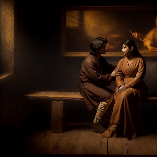 Nabijheid en emotionele verbondenheid in intiem Rembrandt-tafereel Twee mensen zitten dicht bij elkaar op een houten bank in een warm verlichte kamer, met nadruk op nabijheid en emotionele verbondenheid in Rembrandt-stijl