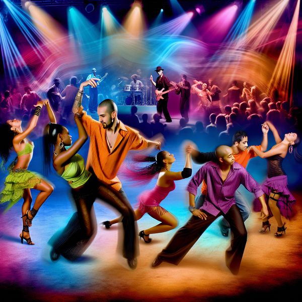 Indrukwekkende dansscène in een nachtclub op zaterdagavond Een levendige scène van een nachtclub met mensen die energiek dansen onder kleurrijke verlichting.