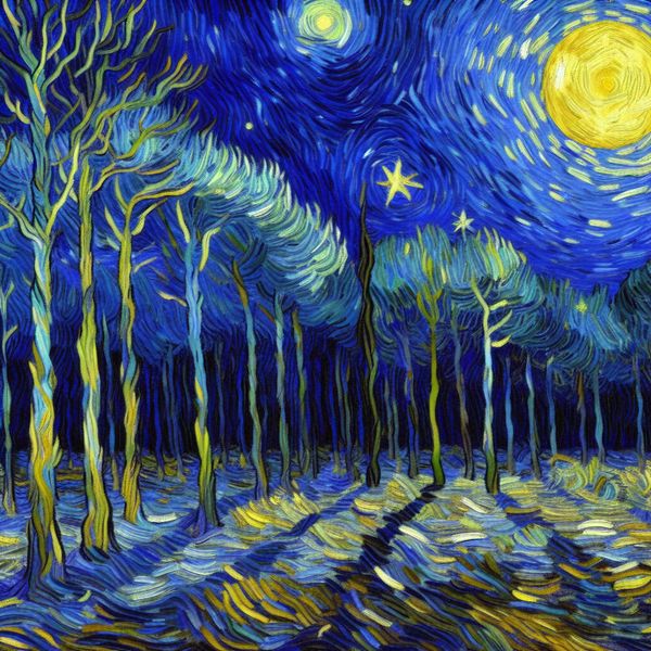 Maanverlichte stilte in Van Gogh bos - ultieme rust en stilstand Dichte, maanverlichte nachtelijke bos met absolute stilte in Van Gogh-stijl, bomen en bladeren bevroren in tijd