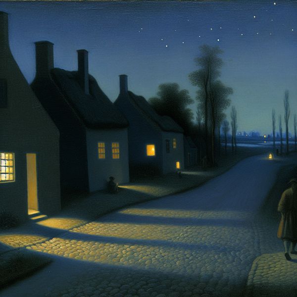 Rustige Nachtelijke Straat in Vermeer Stijl Een rustige straat in de nacht met een figuur die naar huis loopt, verlicht door zacht diffuus licht.