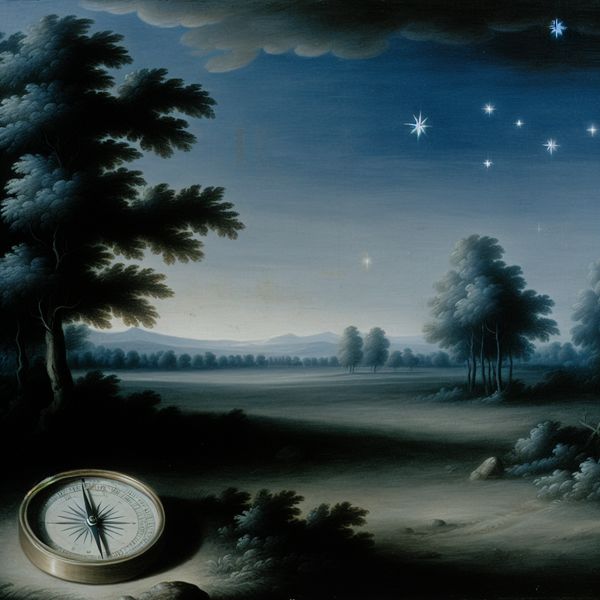 Een serene nachtlandschap met sterren en een kompas dat naar het noorden wijst.