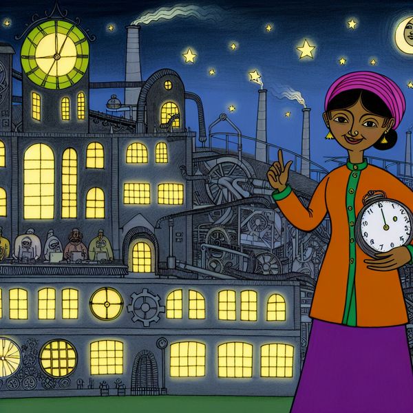 Ploegendienst nachtwerk fabriek cartoon illustratie voor taalonderwijs Vrouwelijke fabrieksarbeider in nachtploegendienst met klok en speelse maan, cartoonstijl van Marten Toonder
