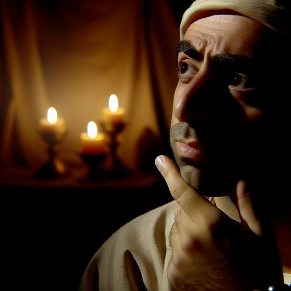 Nadenkende Moment in Kaarslicht met Chiaroscuro Persoon in een schemerige kamer met hand aan kin, omgeven door kaarslicht en schaduwen, in nadenkende pose.