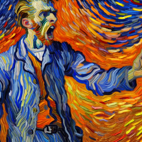 Nadruk geven in spraak: expressieve communicatie in Van Gogh-stijl Expressieve persoon die met krachtige gebaren nadruk legt op een uitspraak in Van Gogh-stijl, met zwierige penseelstreken en felle kleuren
