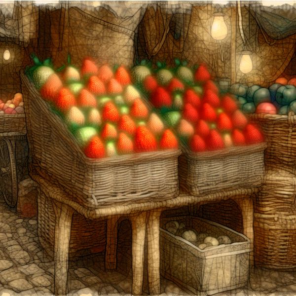 Dromerige marktkraam met een overvloed aan fruit, waarbij een grote tros rijpe aardbeien op de voorgrond extra nadruk krijgt in een nostalgische, sprookjesachtige stijl
