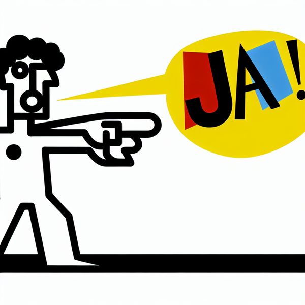 Minimalistische illustratie van een persoon die met nadruk 'JA!' zegt, met een uitgestrekte arm en expressieve lichaamstaal in de stijl van Dick Bruna