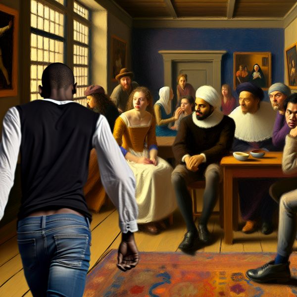 Nalaten in actie: emotionele scène van vertrek zonder afscheid in barokstijl Schilderij in de stijl van Frans Hals van een persoon die een kamer verlaat zonder afscheid te nemen, met verbaasde en teleurgestelde gezichten van achterblijvers