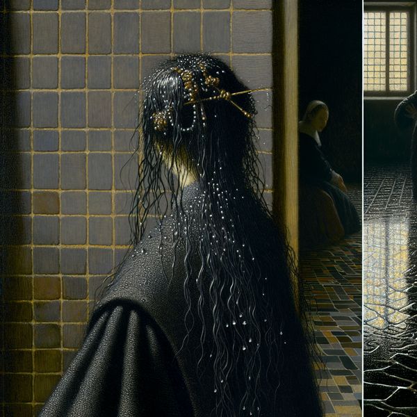 Elegant schilderij van een persoon met nat haar en vochtige kleding bij een houten emmer in een intieme binnenruimte