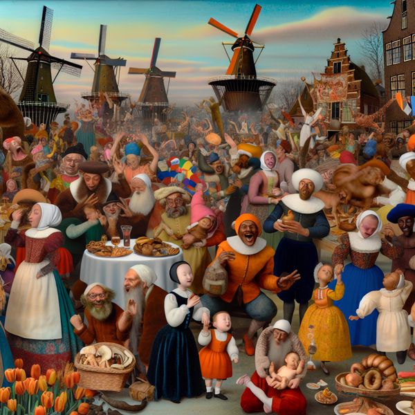 Feestelijke Nederlandse viering van de nationale identiteit Een levendige Nederlandse viering met mensen in traditionele kleding, die deelnemen aan feestelijke activiteiten.