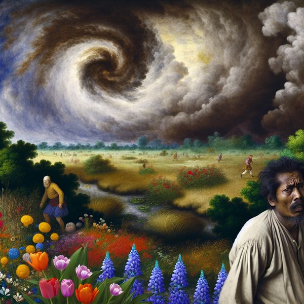 Natuur en onbehagen: Voor het overgeven Een persoon met een bleke gelaatsuitdrukking, gebukt over een chaotisch veld vol wilde bloemen, met een stormachtige lucht op de achtergrond die een gevoel van onbehagen uitstraalt.