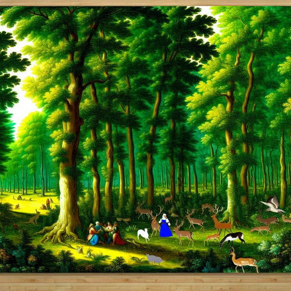 Een levendig natuurgebied met hoge bomen en ondergroei, waar verschillende dieren zoals vogels en herten samenkomen, met zonlicht dat door de bladeren schijnt.