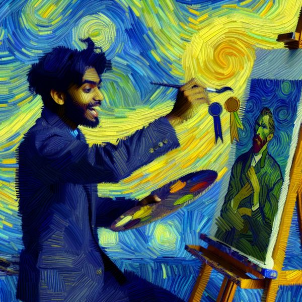 Natuurlijk talent en artistieke aanleg in Van Gogh-stijl schilderij Jonge kunstenaar met natuurlijk talent schildert intensief in een zonnige studio in Van Gogh-stijl, omringd door zwevende onderscheidingen