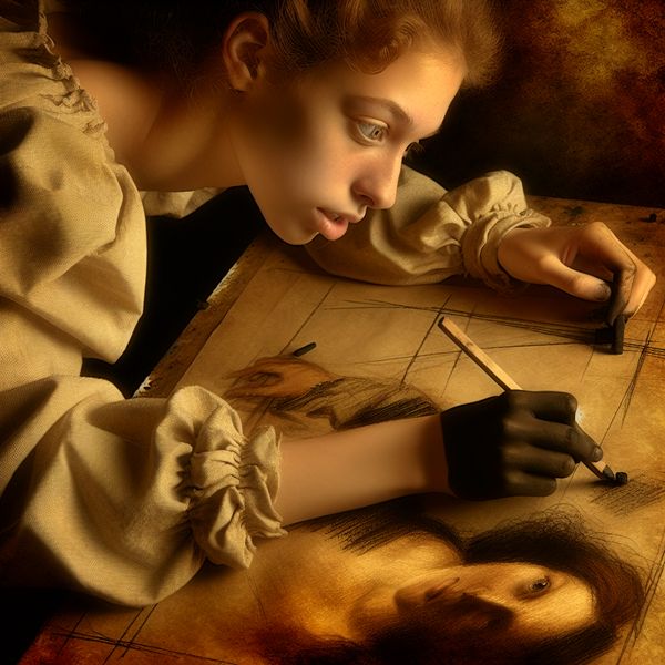 Natuurlijk talent voor tekenen: portretkunst in Rembrandt-stijl met houtskool Jonge vrouw met natuurlijk talent tekent een portret met houtskool in Rembrandt-stijl, omringd door dramatisch licht en schaduw