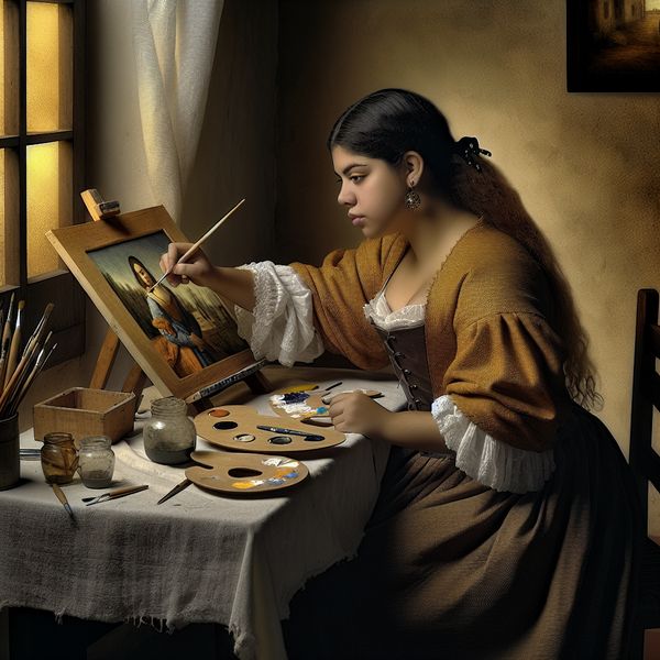 Natuurlijke aanleg voor kunst: jonge schilderes in Vermeer-stijl interieur Jonge vrouw met natuurlijke aanleg voor schilderen, gefocust aan het werk in een serene Vermeer-achtige setting met zacht licht en gedetailleerde texturen
