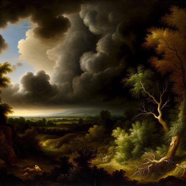 Natuurlijke gevolgen van verwaarlozing in een dramatisch landschap Een wilting boom met verwelkte bladeren tegenover groene bomen en een dramatische lucht, wat de gevolgen van verwaarlozing weergeeft.