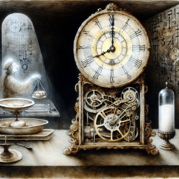 Nauwkeurigheid en precisie in gothische kunst: symboliek van tijd en meting Symbolische voorstelling van nauwkeurigheid met een mechanische klok en een weegschaal met suikerkorrels, in gothische stijl van Félicien Rops