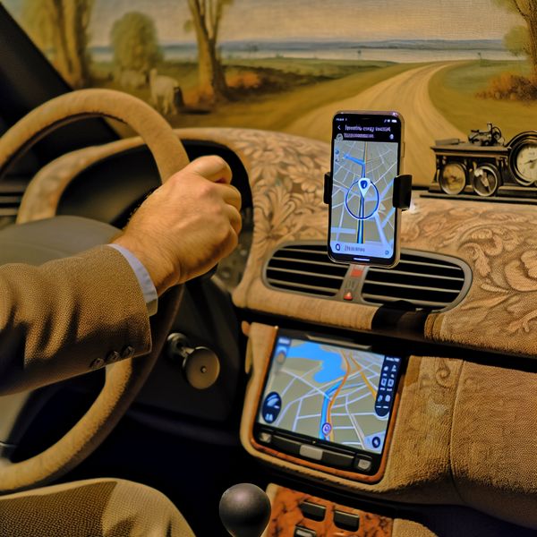 Navigatie-app op smartphone in auto met routeweergave en aankomsttijd Hand op stuur van auto met navigatie-app op telefoon die route toont met aankomsttijd van 10 minuten