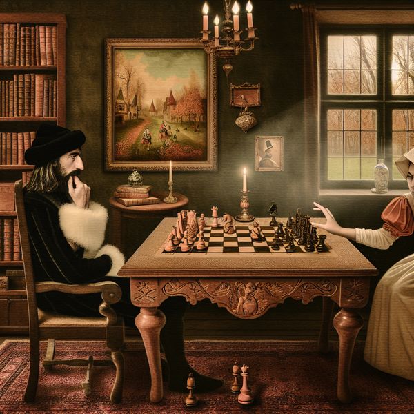 Verdrietige schaakspeler aan houten tafel met omgevallen koning op schaakbord, symboliserend een nederlaag in nostalgische setting