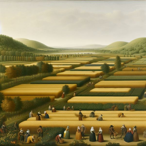 Nederlands boerenlandschap in vallei met graanvelden en fruitteelt - historische landbouwtafereel Uitgestrekt vruchtbaar Nederlands landschap met landbouwactiviteiten in een vallei, geschilderd in de stijl van Gerard ter Borch