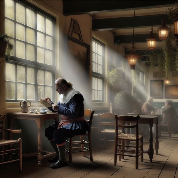 Genieten in een Nederlands café Een midden-aged man in traditionele Nederlandse kleding zit in een café, drinkt koffie en leest een boek.