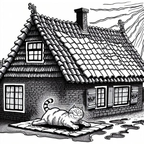 Kartonnen huis met zonnig dak waar een tevreden kat op ligt te zonnen, in de stijl van Marten Toonder