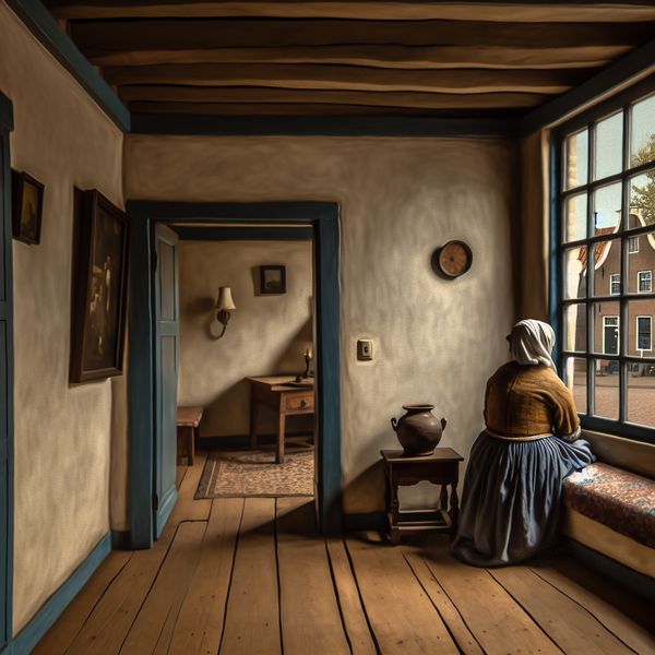 Serene Vermeer-achtige Nederlandse interieurscène met een contemplatieve figuur bij het raam, verwijzend naar een rustig dorp