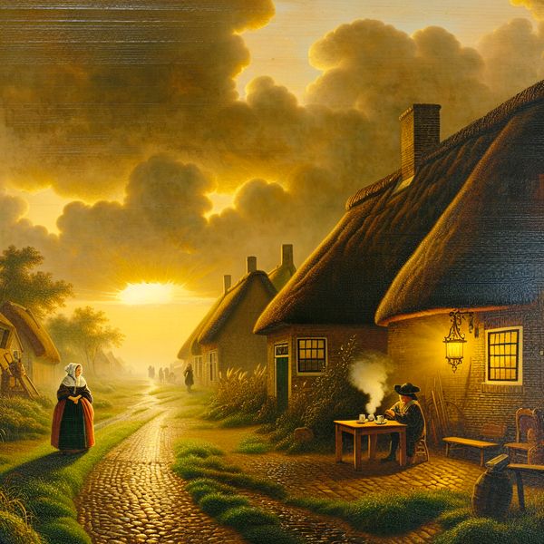 17e-eeuws Nederlands landschapsschilderij van een rustig dorp bij zonsopgang met een persoon die naar een café loopt voor een ochtendafspraak