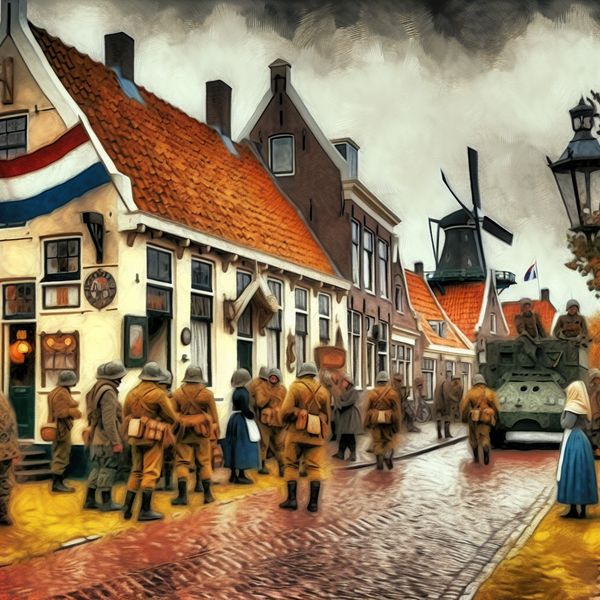 Bezetting Nederland: nostalgische illustratie van een Nederlands dorp in oorlogstijd Dutch dorp onder bezetting tijdens de Tweede Wereldoorlog met soldaten, een militaire voertuig en een traditionele windmolen in nostalgische Anton Pieck-stijl