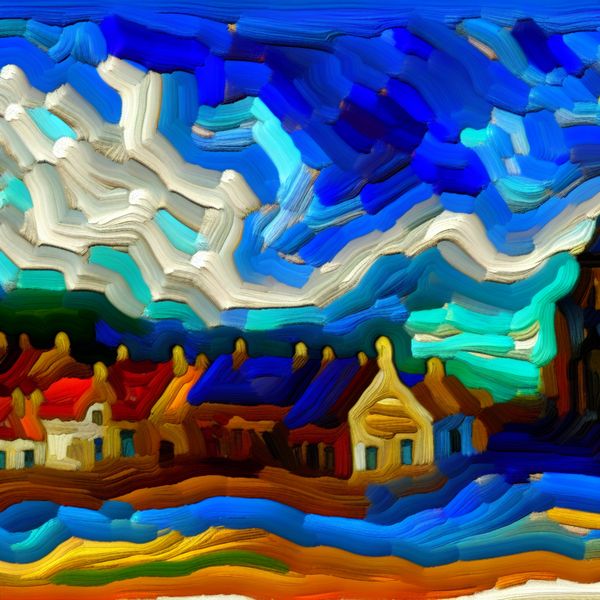 Nederlands dorp onder zeeniveau abstracte voorstelling Abstract expressionistisch schilderij van een Nederlands dorp onder een transparante blauwe zee, illustrerend het concept 'lager dan iets in ruimte of niveau'