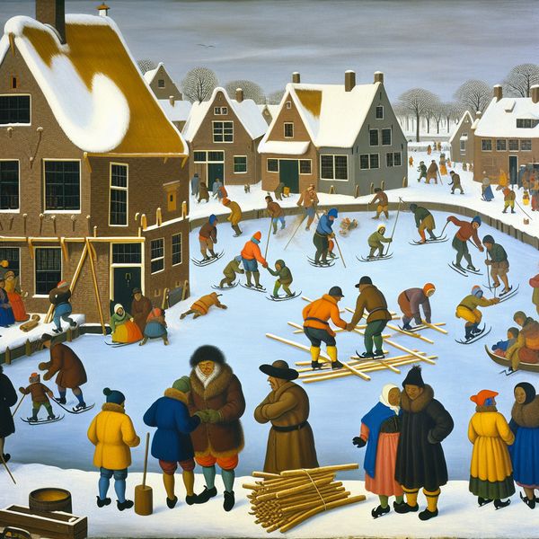 Dorpse wintertafereel met mensen die een beschadigd dak repareren in een Nederlandse setting, geïnspireerd op Hendrick Avercamp